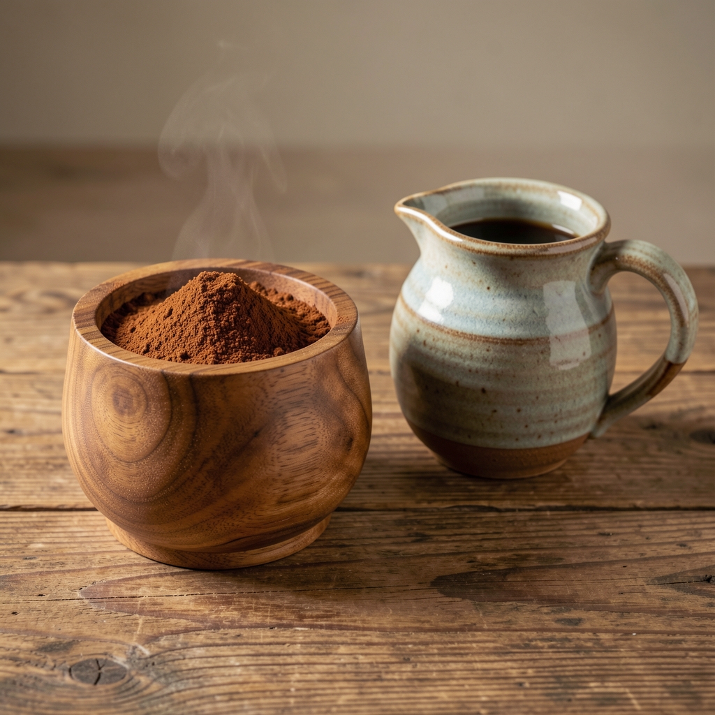 Tăviță din lemn cu cafea măcinată, ceainic ceramic și cană artizanală, fără persoane