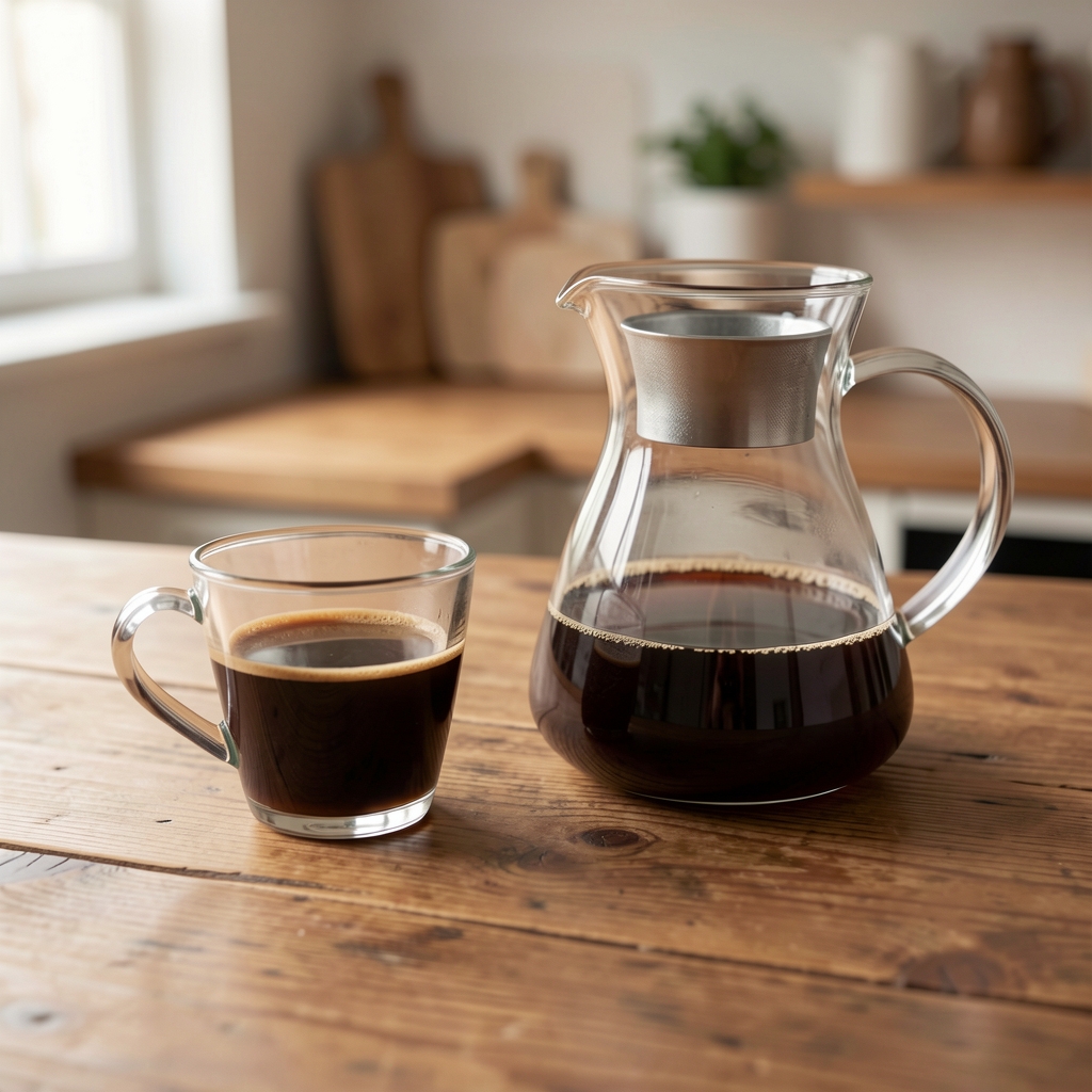 Filtru de cafea și carafă transparentă pe masă din lemn, fără persoane