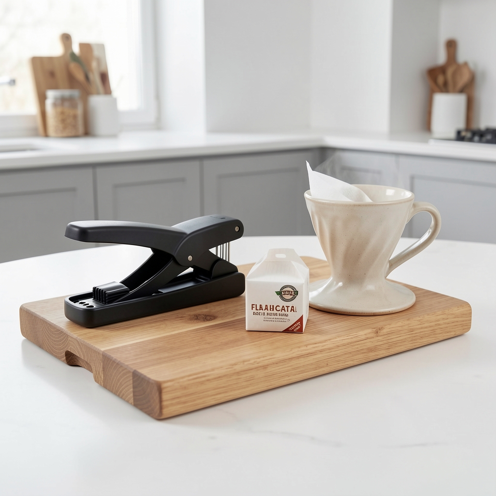 Blat de bucătărie din lemn cu un espressor negru, un pachet de filtre de hârtie și un dripper ceramic, fără persoane