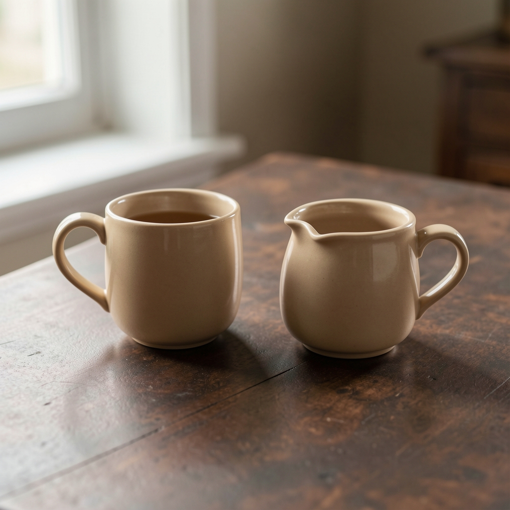 Set de două cești ceramice bej și un ceainic mic așezate pe o față de masă din in, pregătite pentru cadou, fără persoane