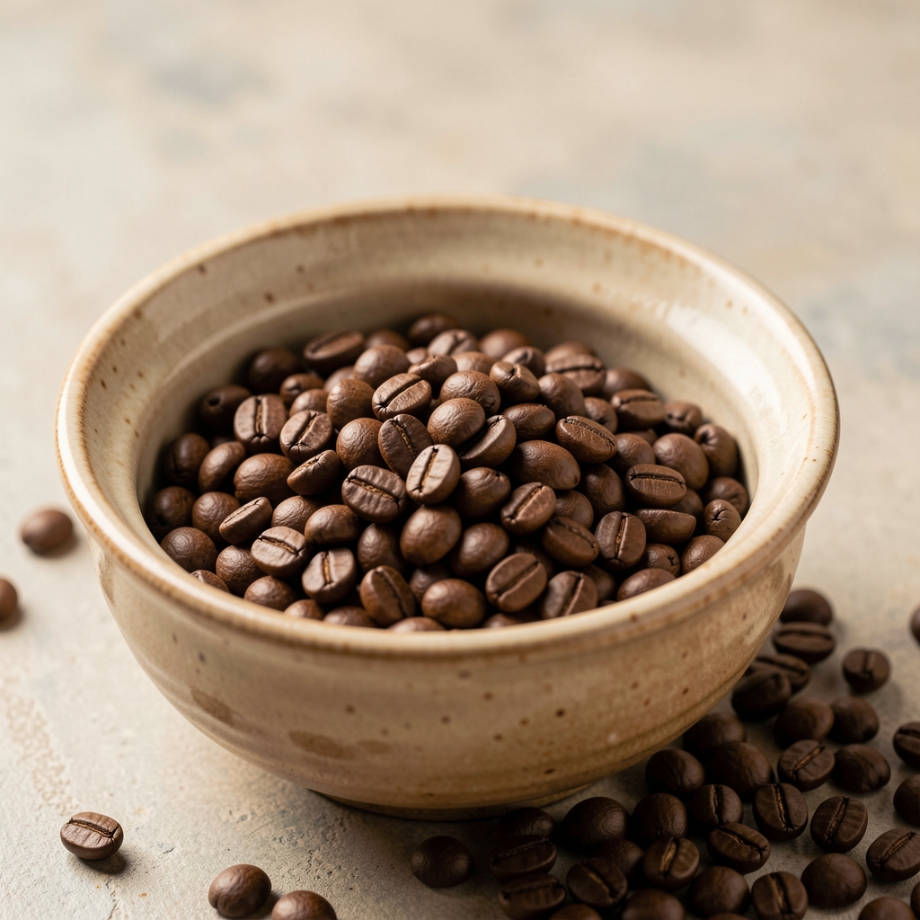 Râșniță manuală pentru cafea lângă boabe într-un bol ceramic, fără persoane