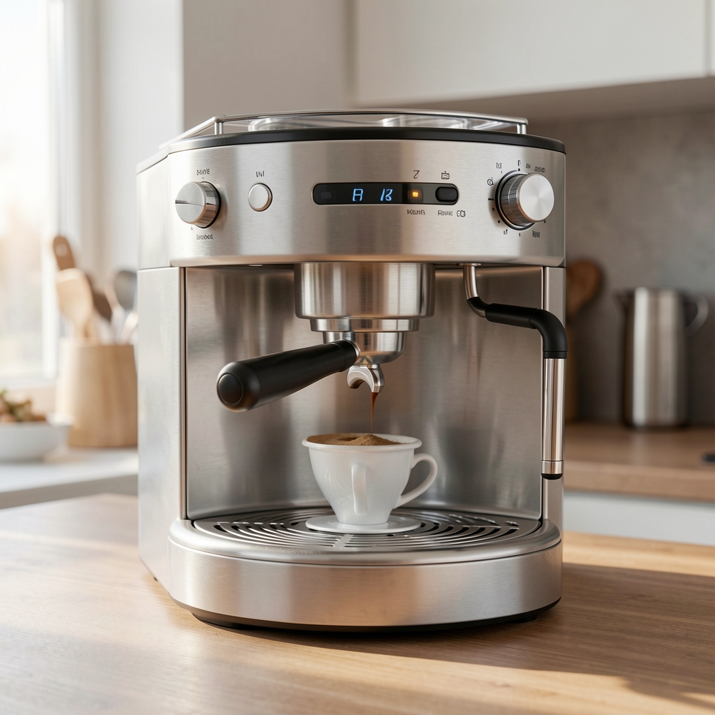 Aparat de cafea inox cu portafiltru pe blat cald, fără persoane