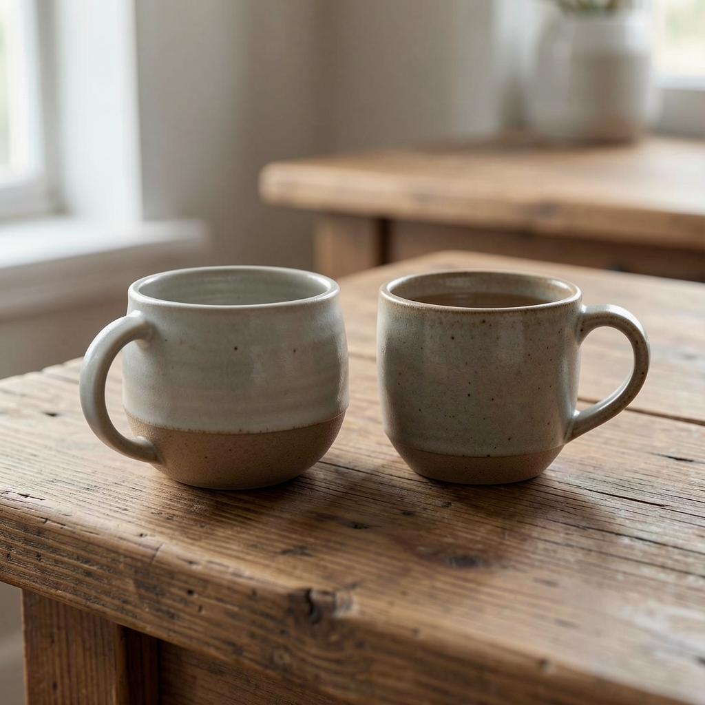 Ceainic ceramic crem cu cană asortată pe masă de lemn, fără persoane