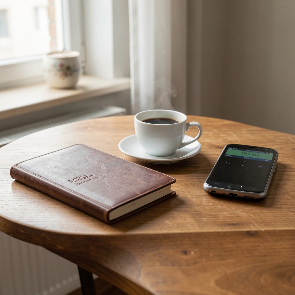 Birou cald cu cană de cafea, agendă și telefon, fără persoane