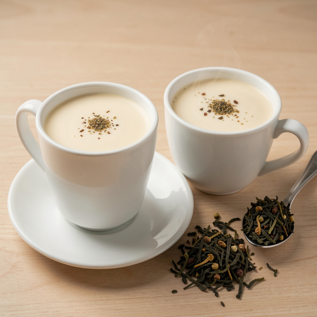 Două cești speciality crem cu farfurioare lângă frunze de ceai, fără persoane