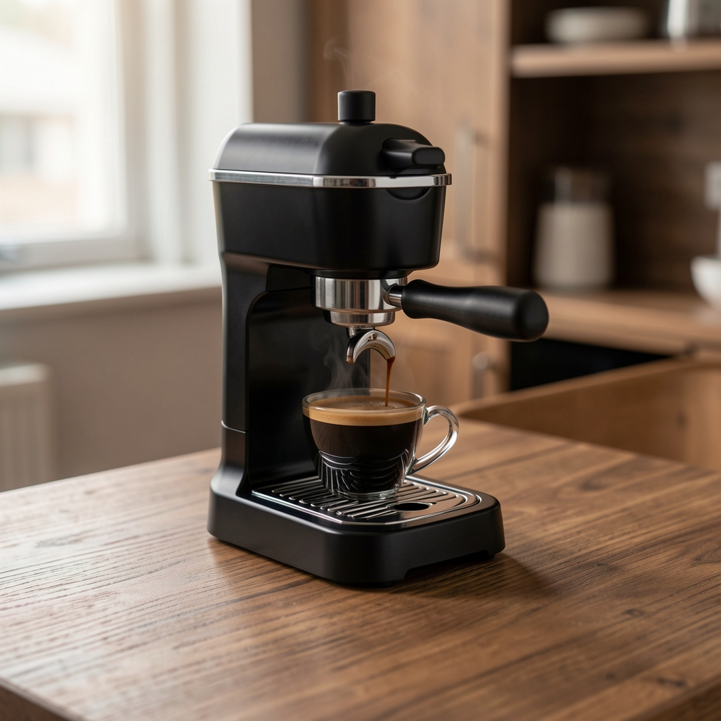 Espressor negru elegant cu ceașcă espresso pe blat din nuc, fără persoane