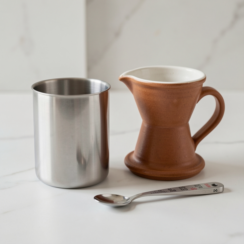 Filtru reutilizabil din inox lângă un dripper ceramic și o lingură de măsurat, fără persoane