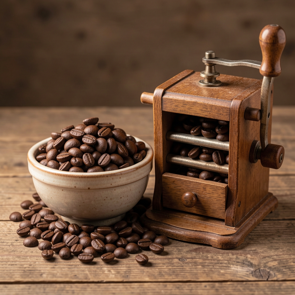 Boabe de cafea prăjite într-un bol ceramic lângă o râșniță manuală din lemn