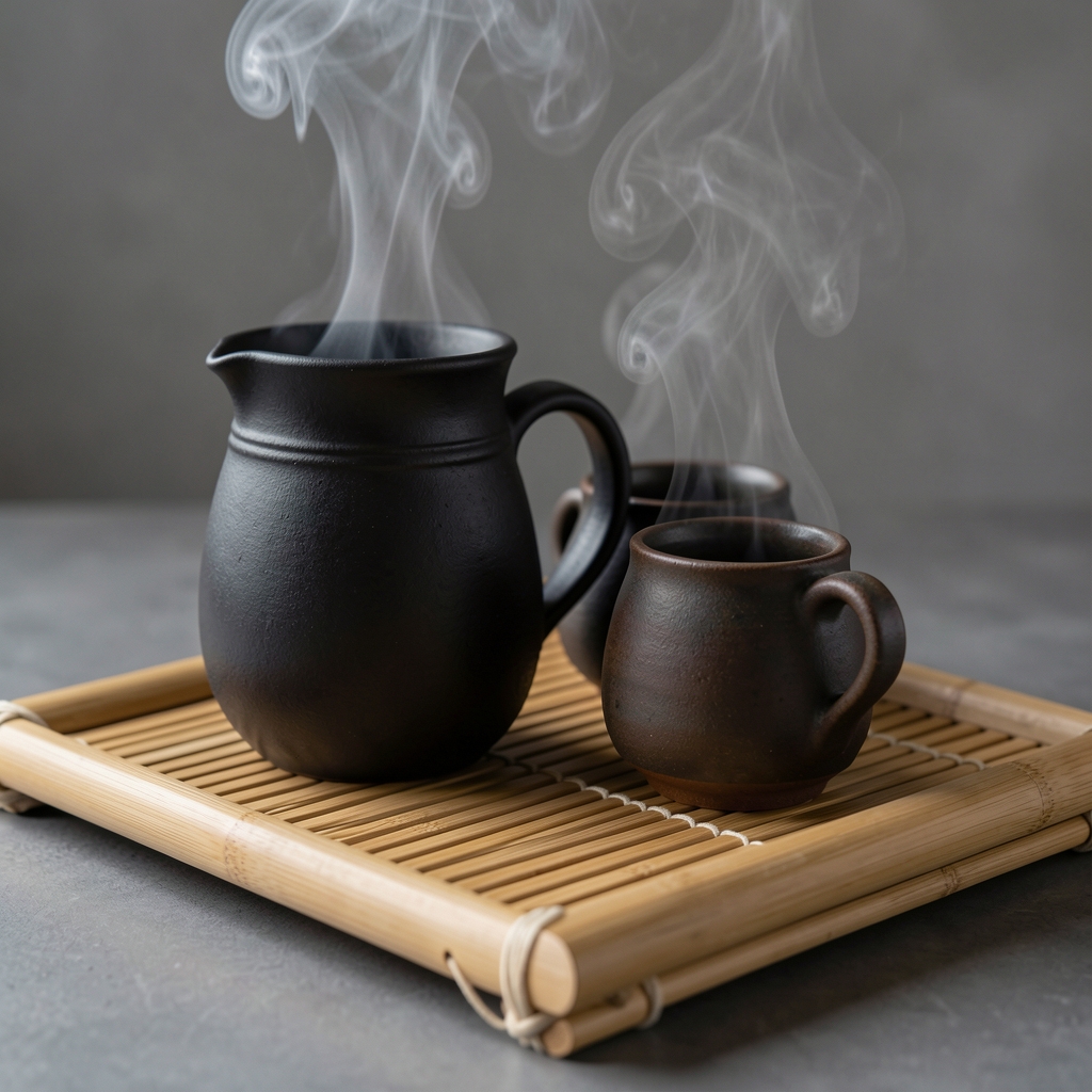 Ceainic din fontă neagră cu aburi lângă două cești mici de ceramică pe o tavă de bambus