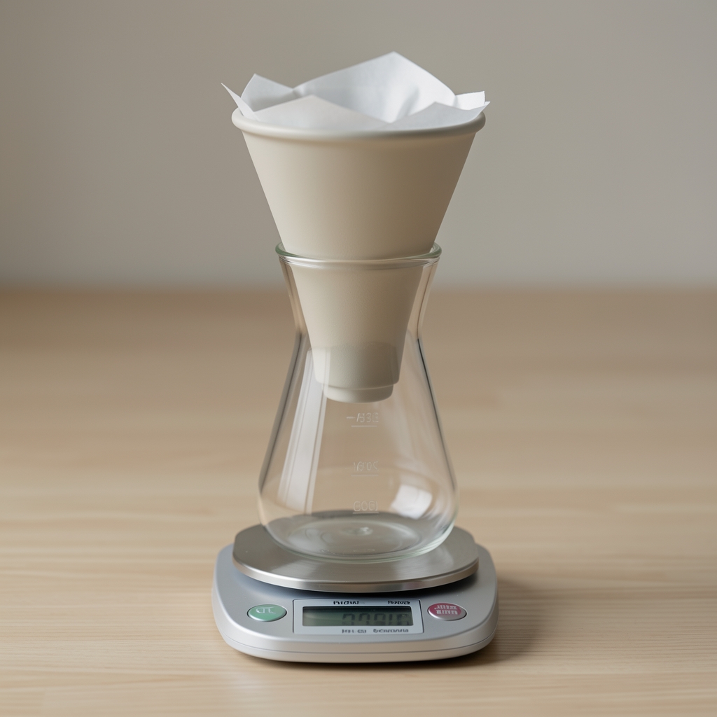 Filtru V60 ceramic așezat peste o carafă de sticlă, cu hârtie de filtru și cântar digital