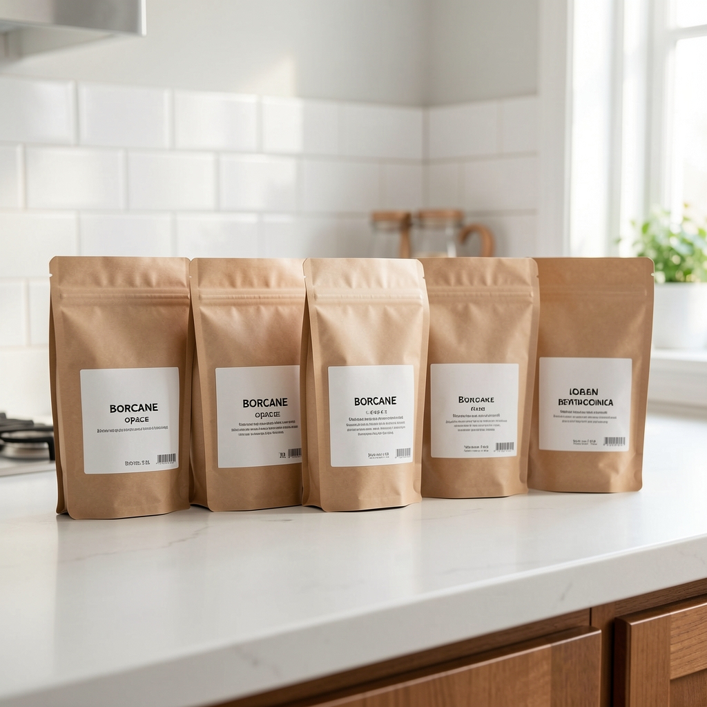 Borcane opace pentru cafea aliniate pe un blat de bucătărie luminos, cu etichete simple