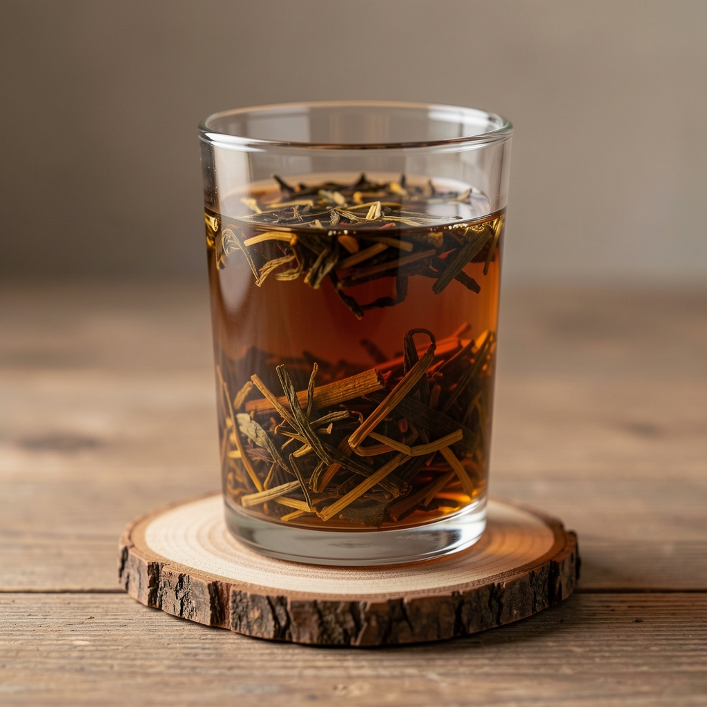Pahar din sticlă borosilicată cu perete dublu, umplut cu infuzie de ceai ambrată, pe un suport de lemn