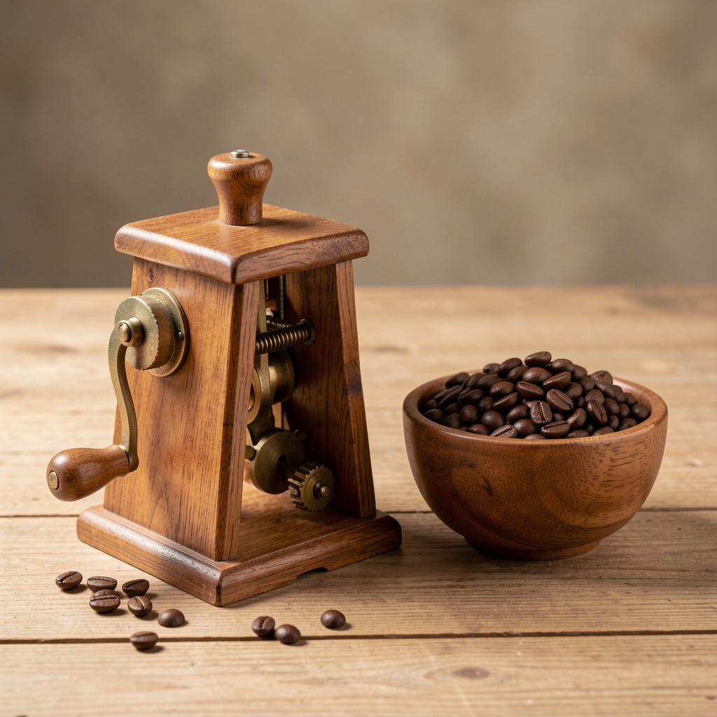 Râșniță manuală cu corp de lemn și mecanism conic, lângă un bol cu boabe de cafea, fără persoane