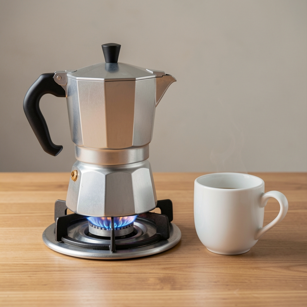 Cafetieră moka din aluminiu satinat pe un arzător mic, lângă o ceașcă mică albă, fără persoane