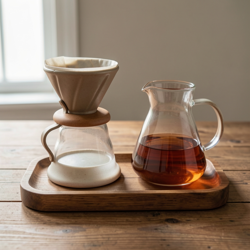 Set de preparare manuală cu dripper ceramic și carafă de sticlă pe o tavă de lemn, fără persoane
