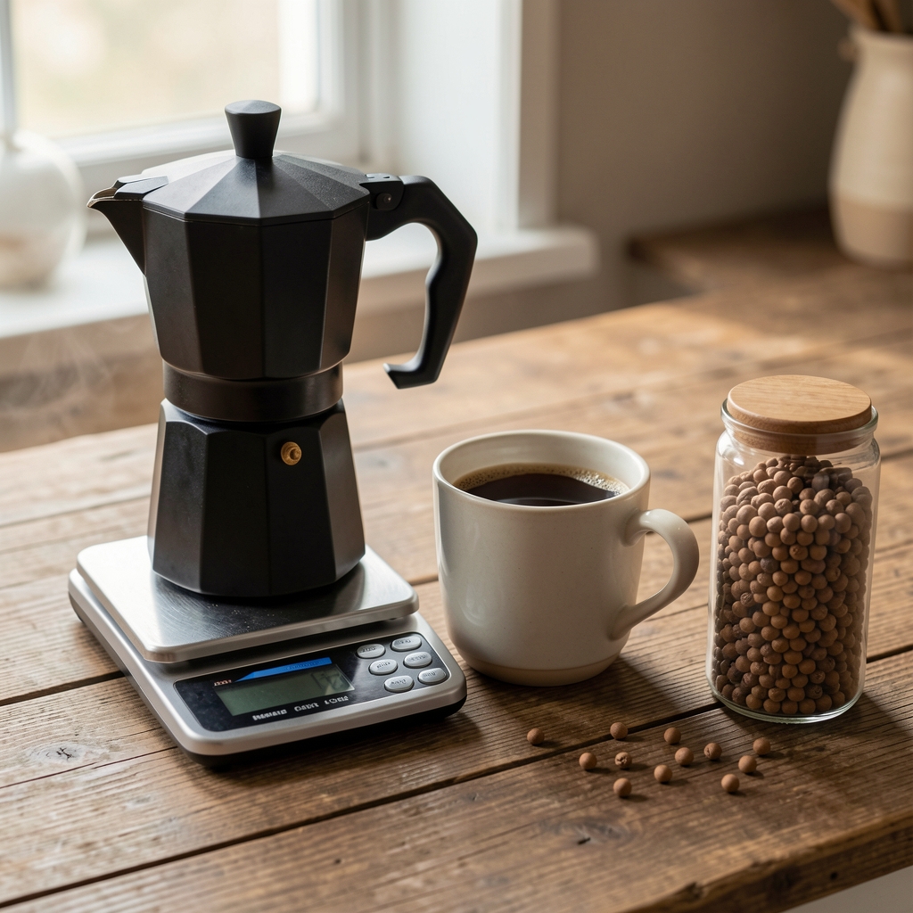 Espressor negru alături de un cântar digital, o ceașcă ceramică și un recipient pentru boabe pe un blat de lemn, fără persoane
