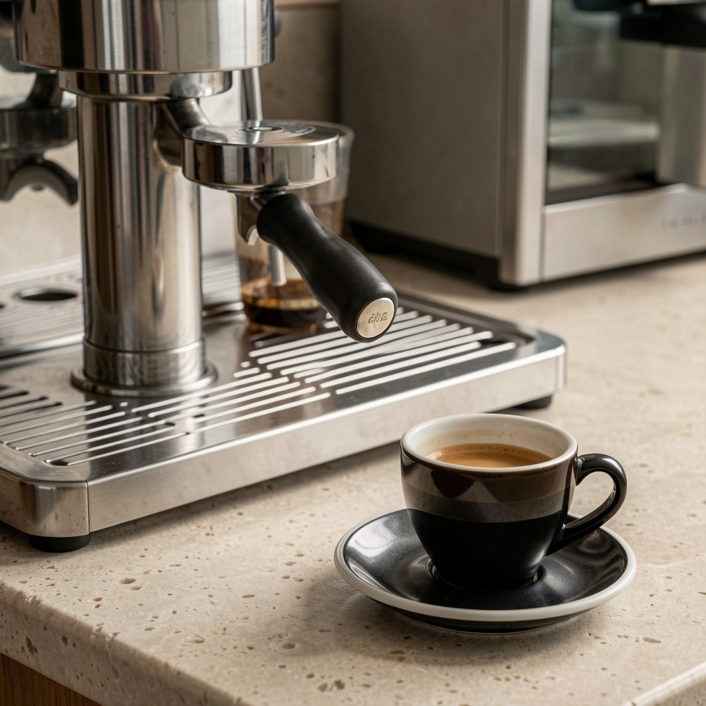 Detaliu de portafiltru metalic și ceașcă espresso pe blat de piatră, fără persoane