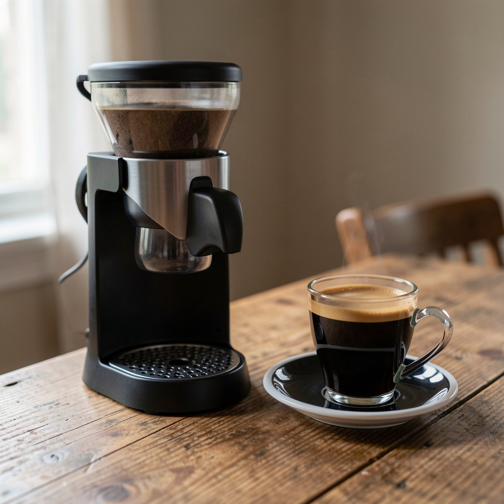 Espressor Milano negru cu portafiltru și ceașcă espresso pe blat de lemn, fără persoane