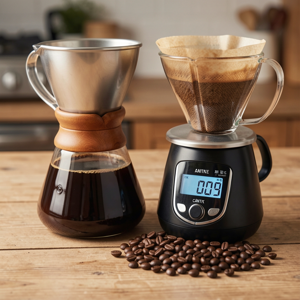 Cântar digital pentru cafea lângă dripper și boabe întunecate, fără persoane