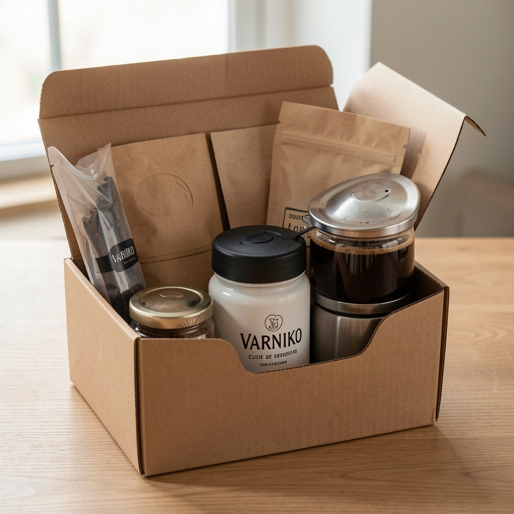 Cutie de expediere Varniko cu accesorii de cafea ambalate atent, fără persoane