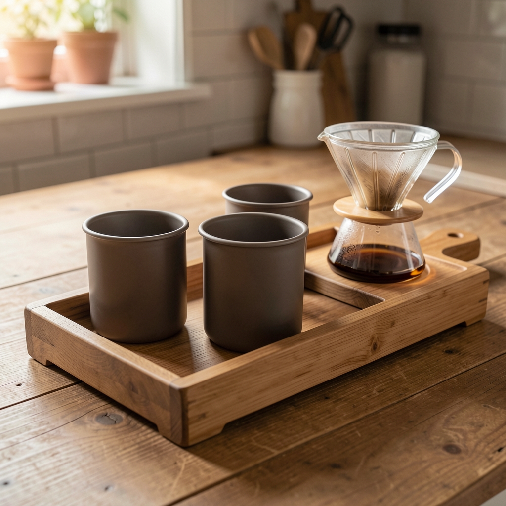 Raft de bucătărie din lemn cu trei recipiente opace pentru cafea, o râșniță manuală și un dripper, fără persoane