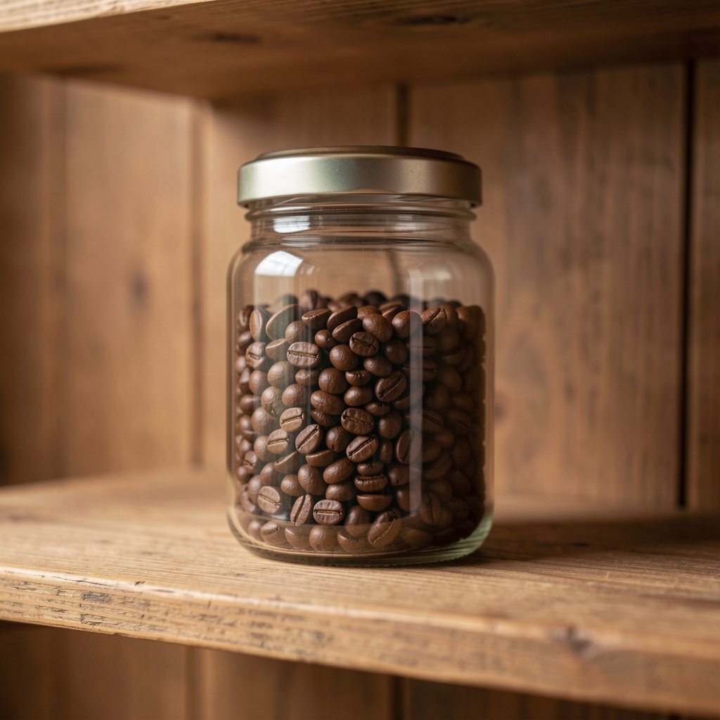 Recipient ermetic din sticlă cu boabe de cafea pe raft de lemn, fără persoane