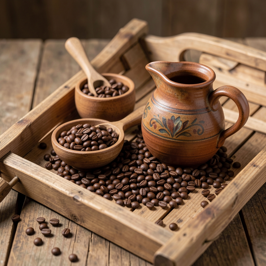 Raft din lemn cu cești, boabe de cafea și ceainic artizanal, fără persoane