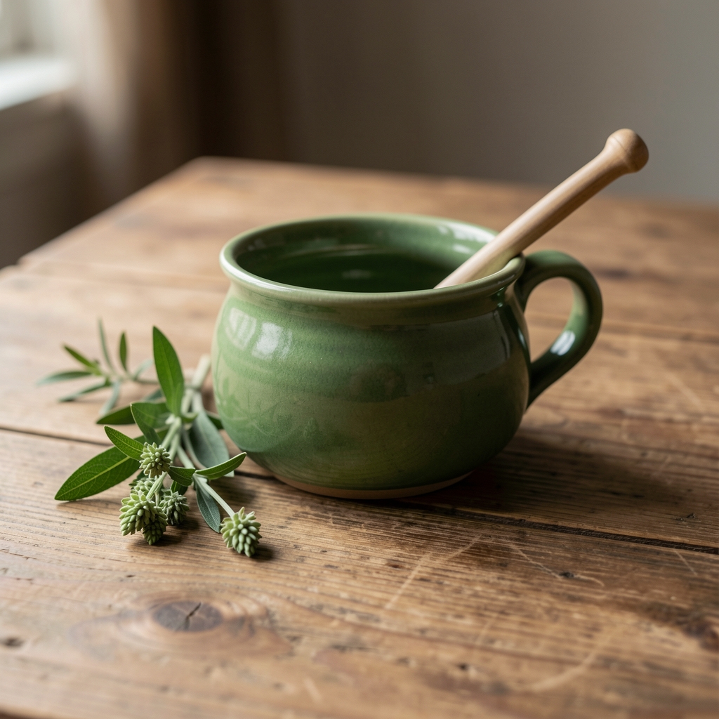 Ceainic ceramic verde salvie cu infuzor pe masă de lemn, fără persoane